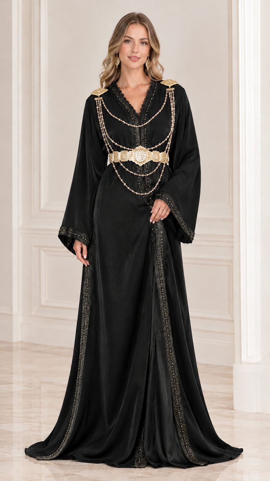 Black embroidered beaded kaftan evening maxi dress with gold embellishments