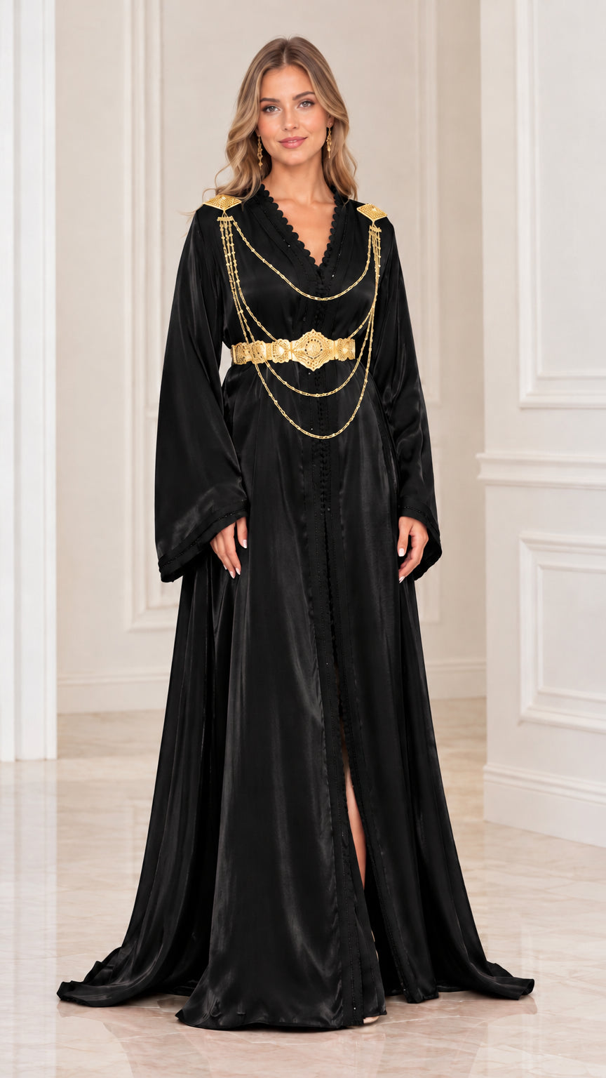 Front view of black satin embellished maxi caftan dress with gold belt