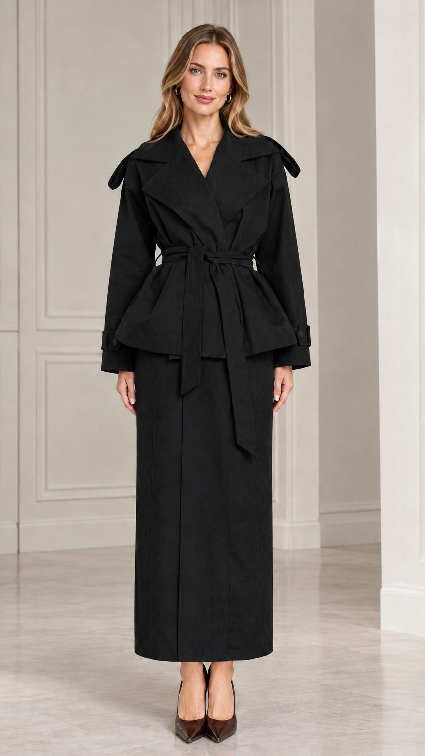 Front view of model wearing black belted peplum jacket and maxi skirt set
