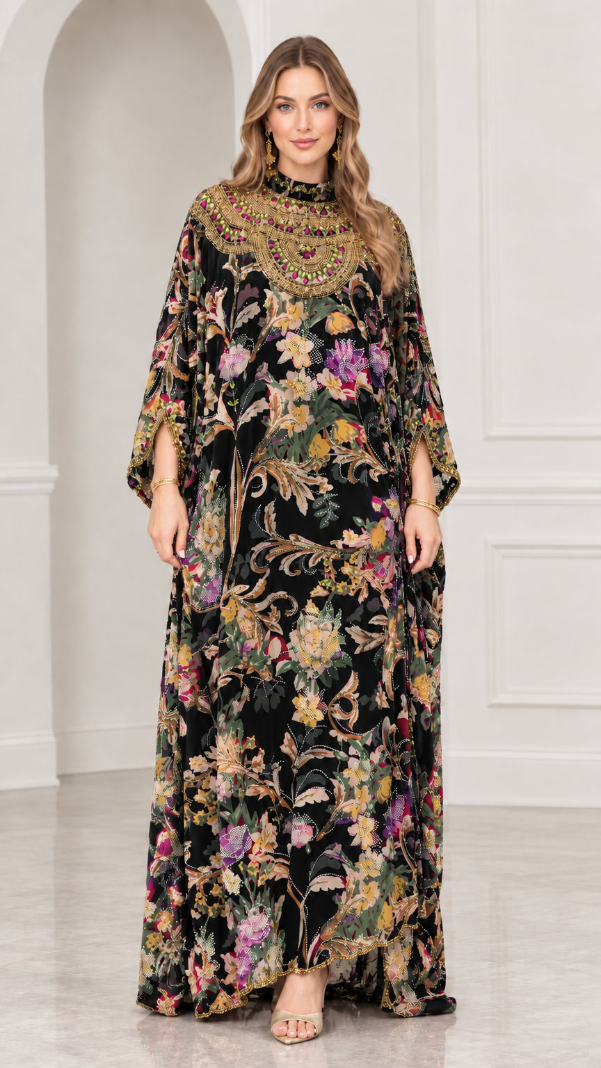 Model wearing Black floral print embellished kaftan maxi dress