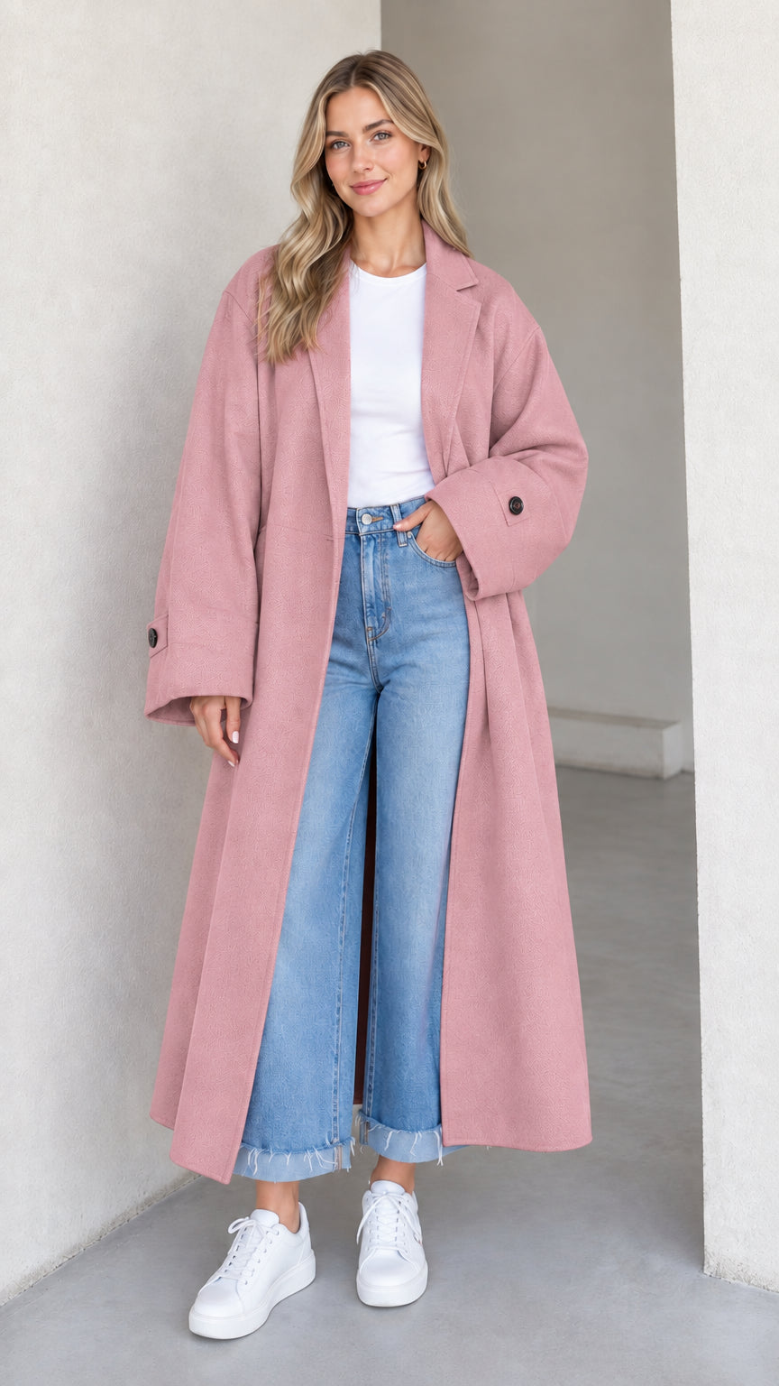 Front full-length view of model wearing a dusty pink oversized maxi coat