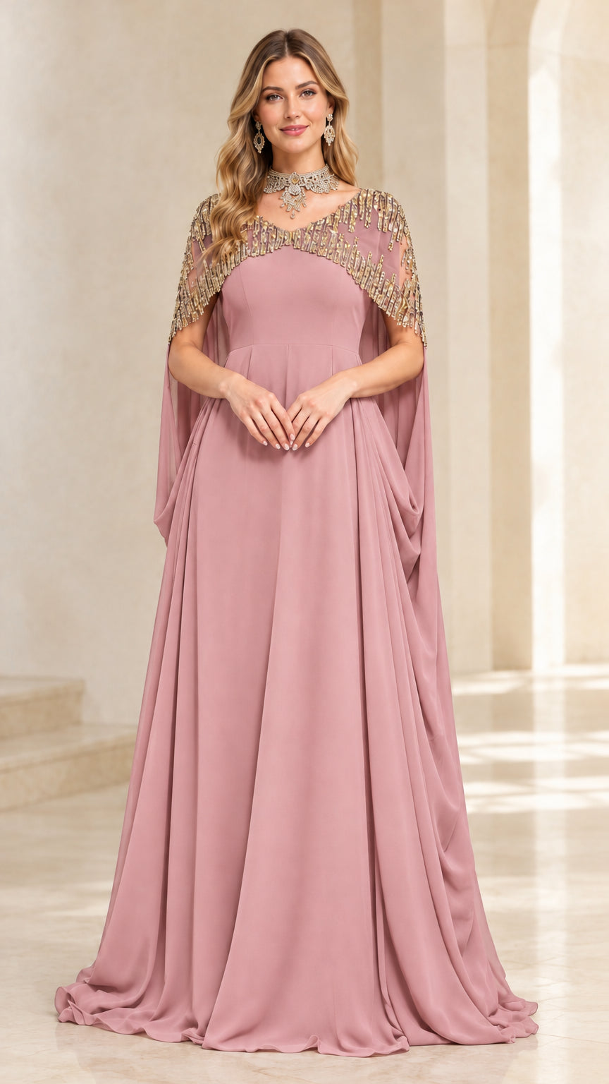 Dusty rose pink chiffon evening gown with beaded capelet