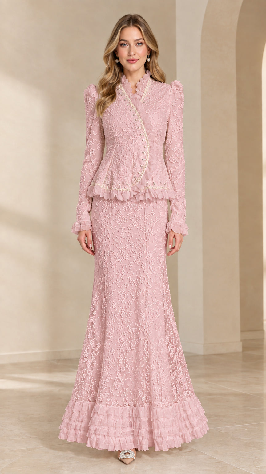 Blush pink lace peplum top and mermaid maxi skirt formal suit
