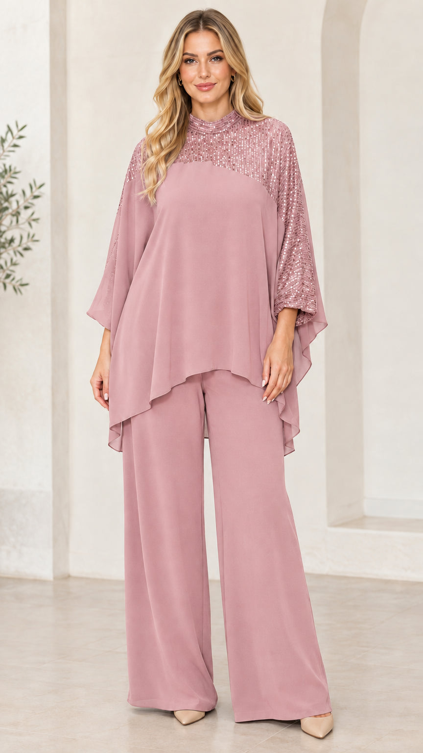 Dusty rose sequin chiffon poncho top and wide leg formal pant set