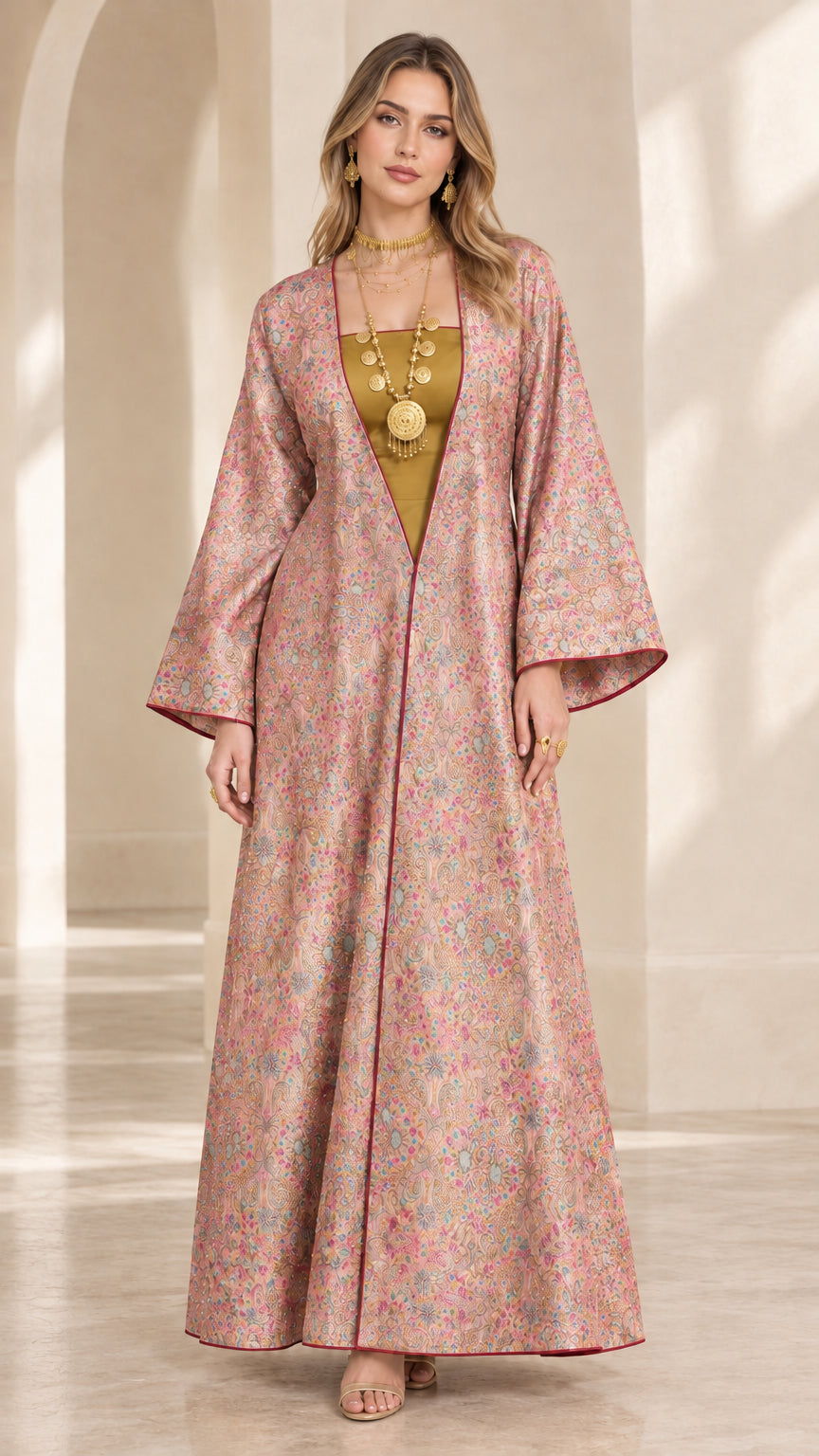 Model wearing dusty pink floral brocade maxi abaya with flared sleeves