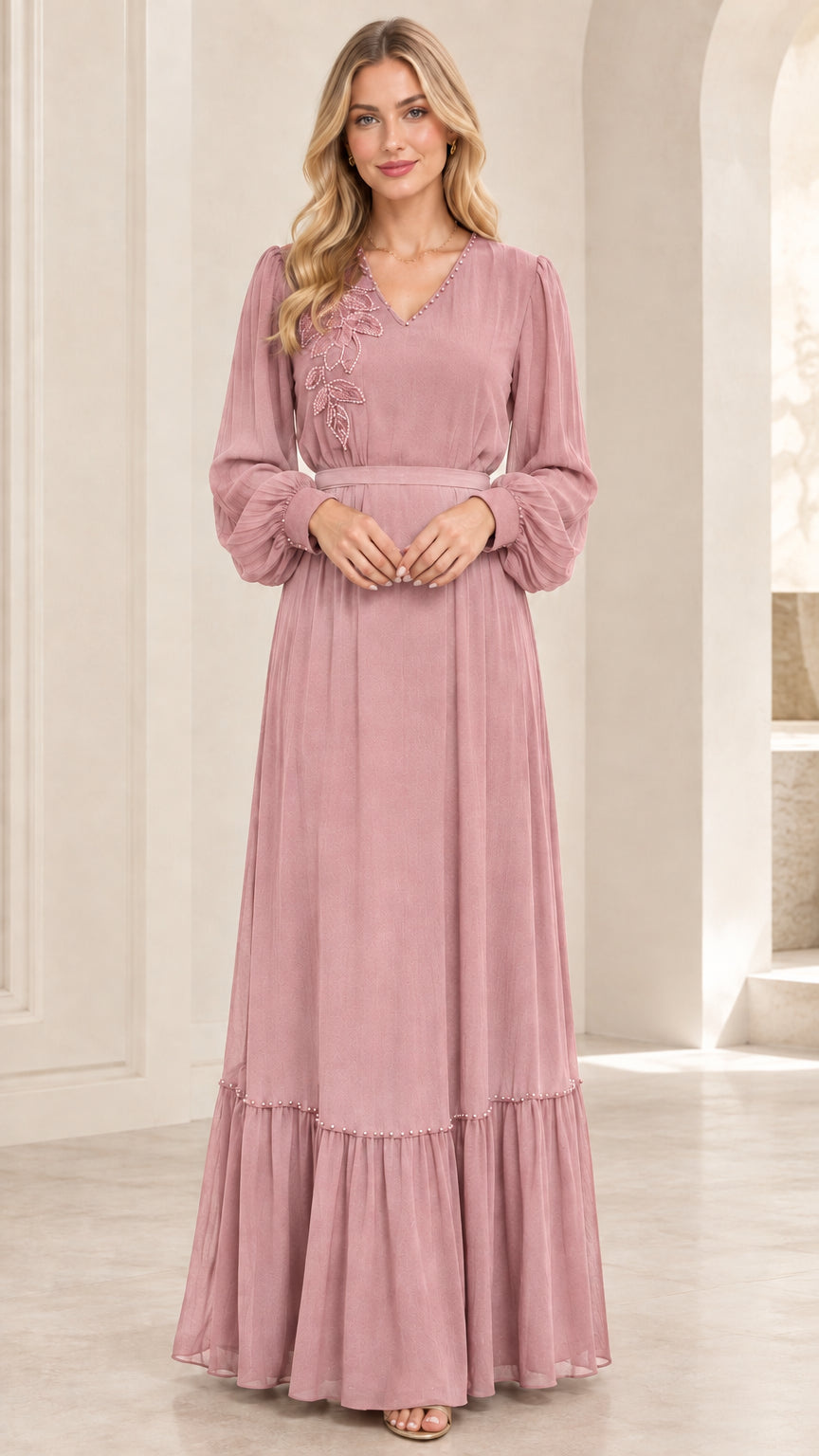 Dusty pink long sleeve V-neck embellished maxi dress with matching belt