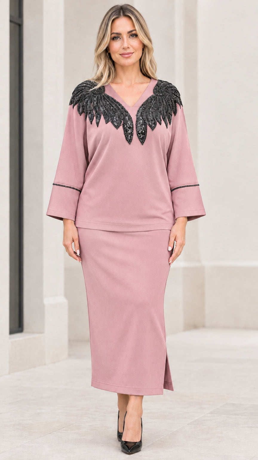 Full front view of dusty pink sequin-embellished top and maxi skirt two-piece set