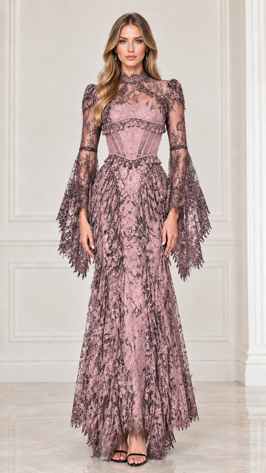 Dusty rose lace corset maxi evening gown with dramatic bell sleeves