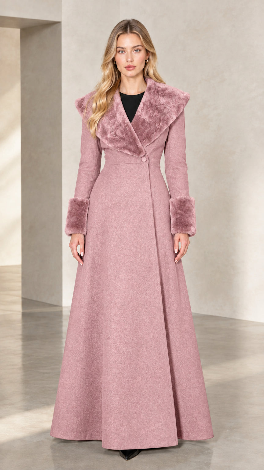 Front view of dusty pink maxi winter coat with tonal faux fur trim