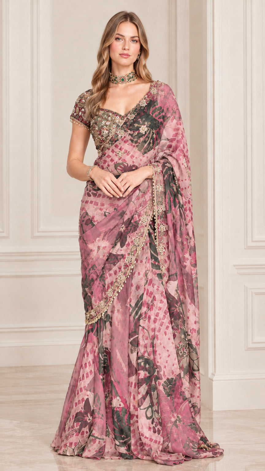 Full-length view of model wearing Blush Pink floral printed saree set