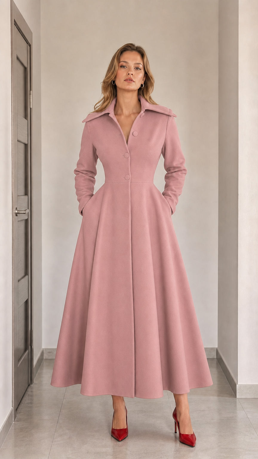 Full-length front view of woman wearing Dusty Pink vintage corset maxi dress coat