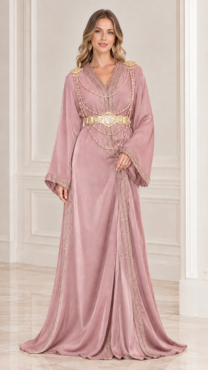 Dusty Pink beaded kaftan maxi dress with draped chain belt and embroidered trim