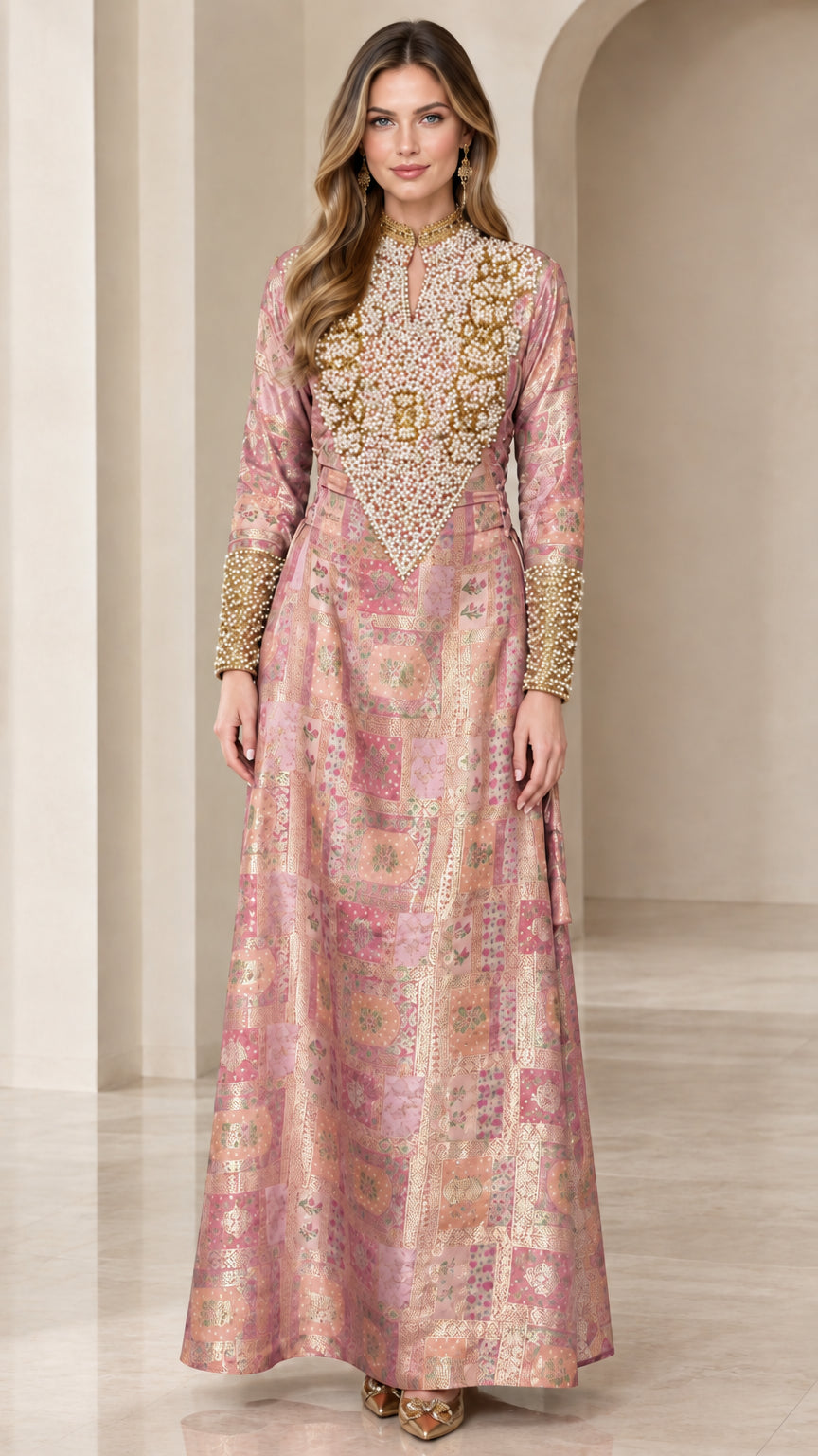 Dusty pink pearl-embellished jacquard evening gown