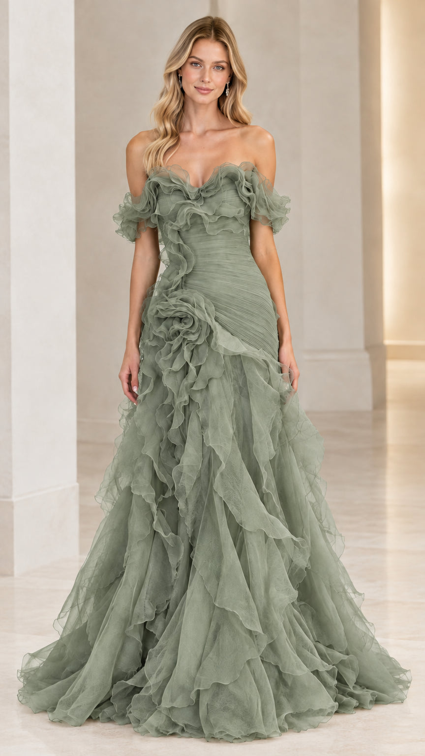 Model wearing sage green tiered ruffle tulle evening dress