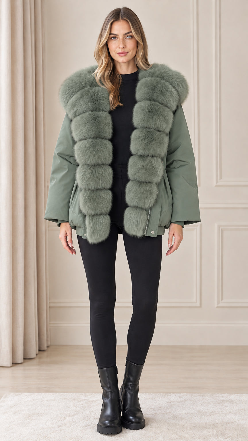 Front view of model wearing sage green plush trim hooded winter parka