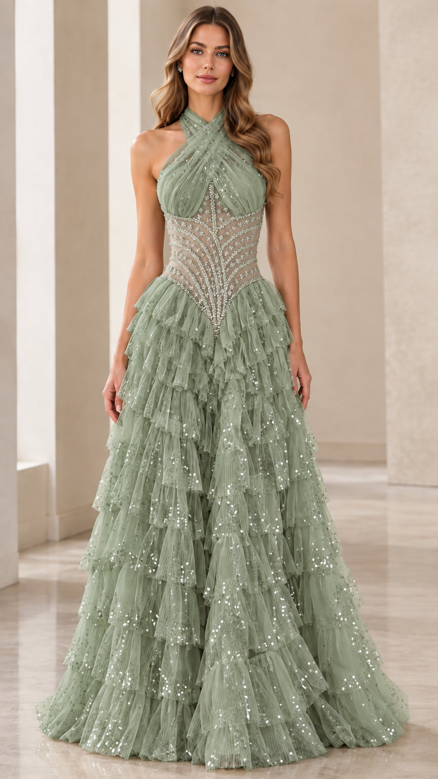 Model wearing a Sage Green halter neck beaded tiered tulle evening dress