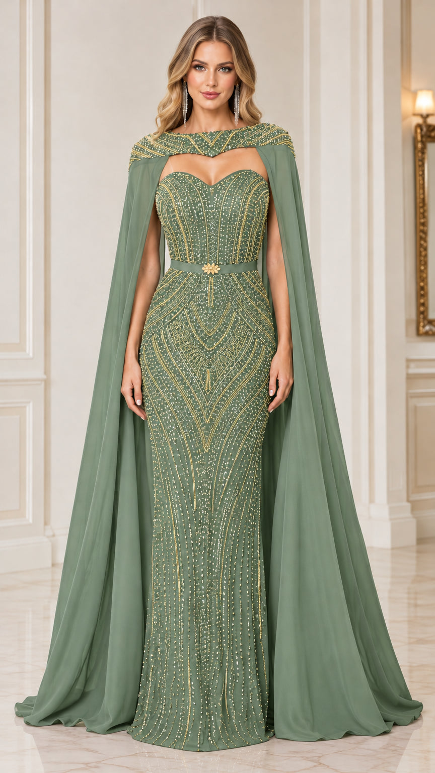 Sage green beaded sweetheart evening gown with floor-length cape