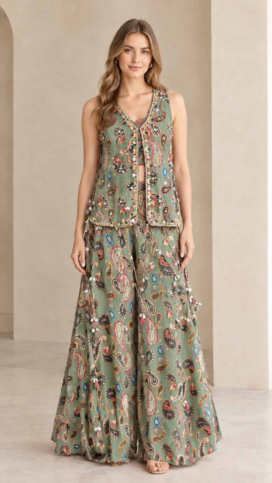 Front view of sage green paisley print 3-piece embellished palazzo pant set