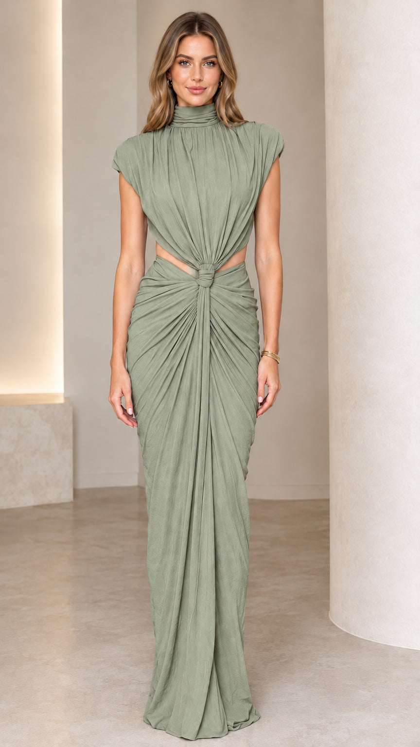 Front view of woman wearing sage green high neck cutout draped maxi dress