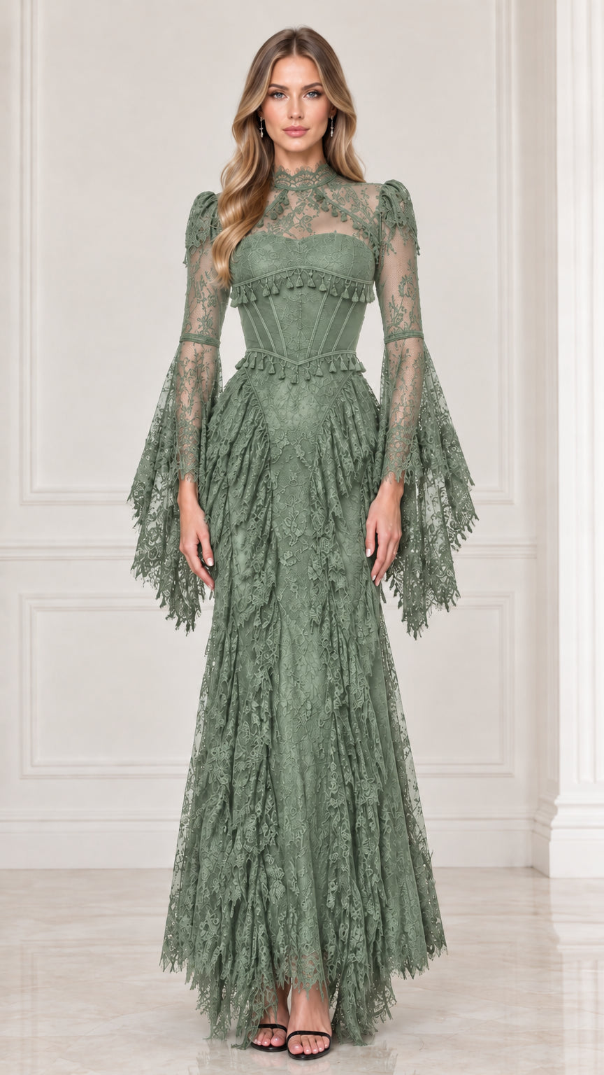 Sage green lace formal evening dress with high neckline and bell sleeves