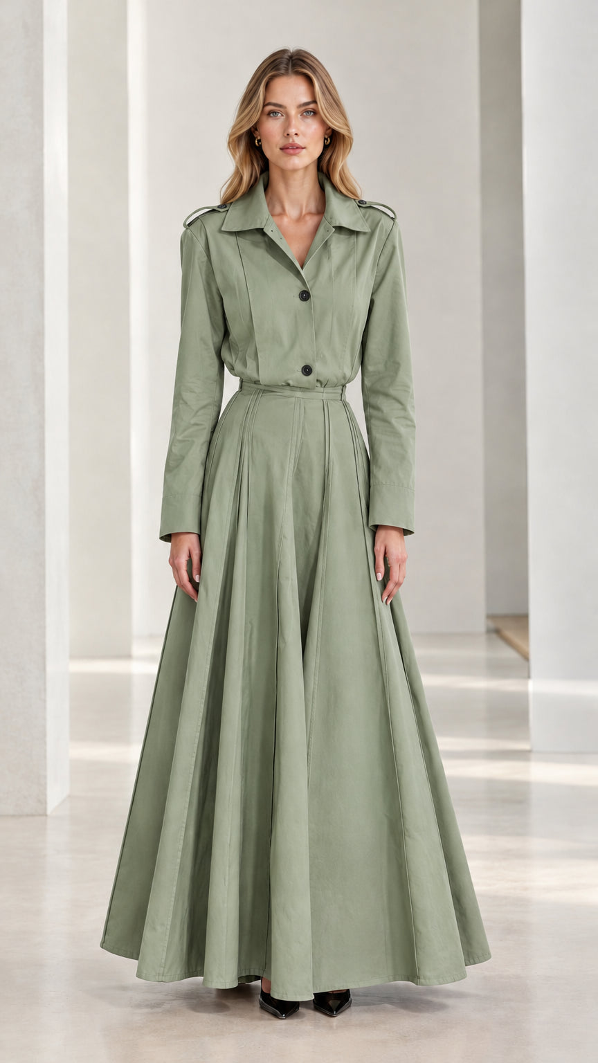Front view of sage green pleated long sleeve trench maxi dress