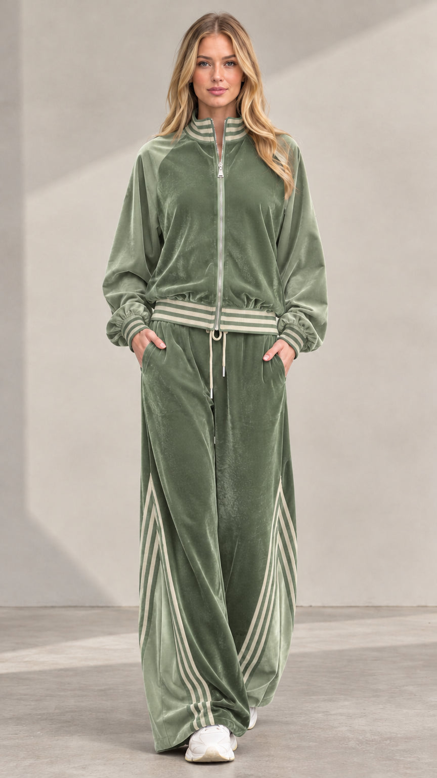 Women's sage green velour matching jacket and pants set