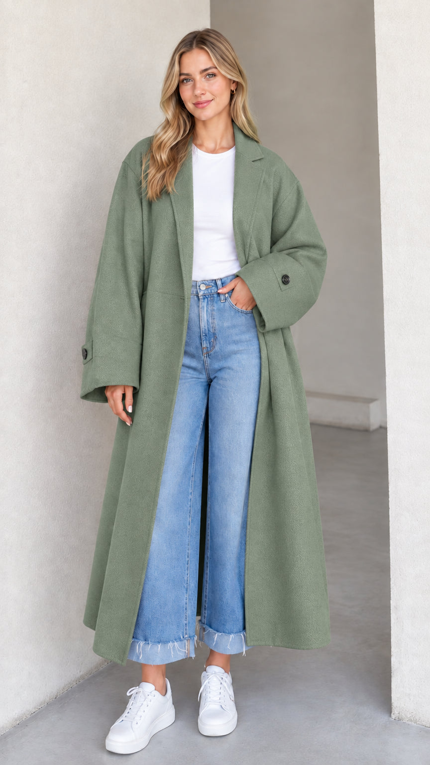 Front full-length view of model wearing a sage green oversized long coat