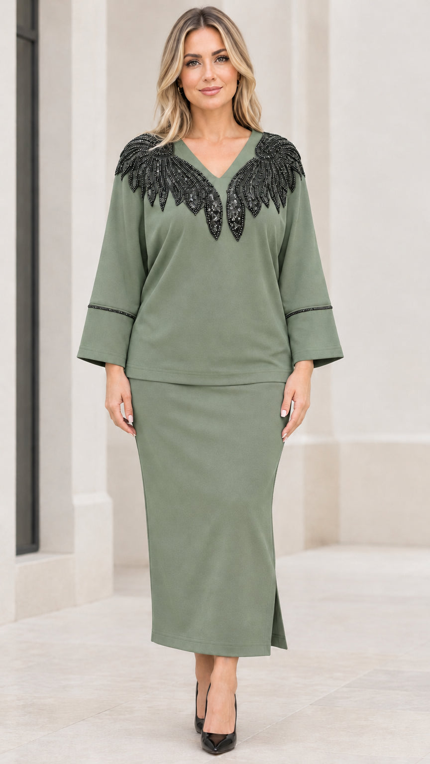 Full front view of sage green sequin-embellished top and maxi skirt two-piece set