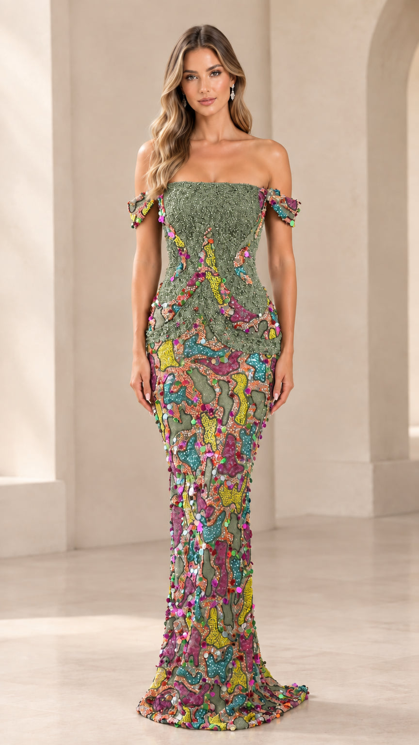Sage green off-the-shoulder beaded mosaic mermaid formal dress