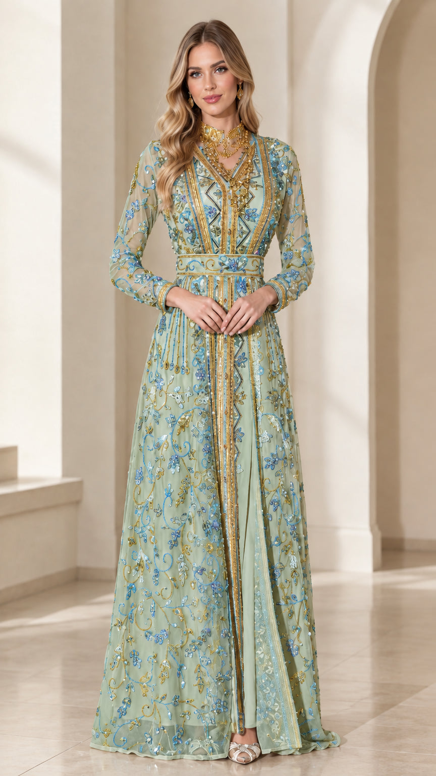 Sage green embroidered evening caftan maxi dress with matching belt