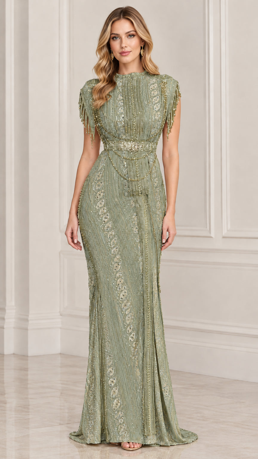 Front view of sage green beaded high neck formal maxi dress