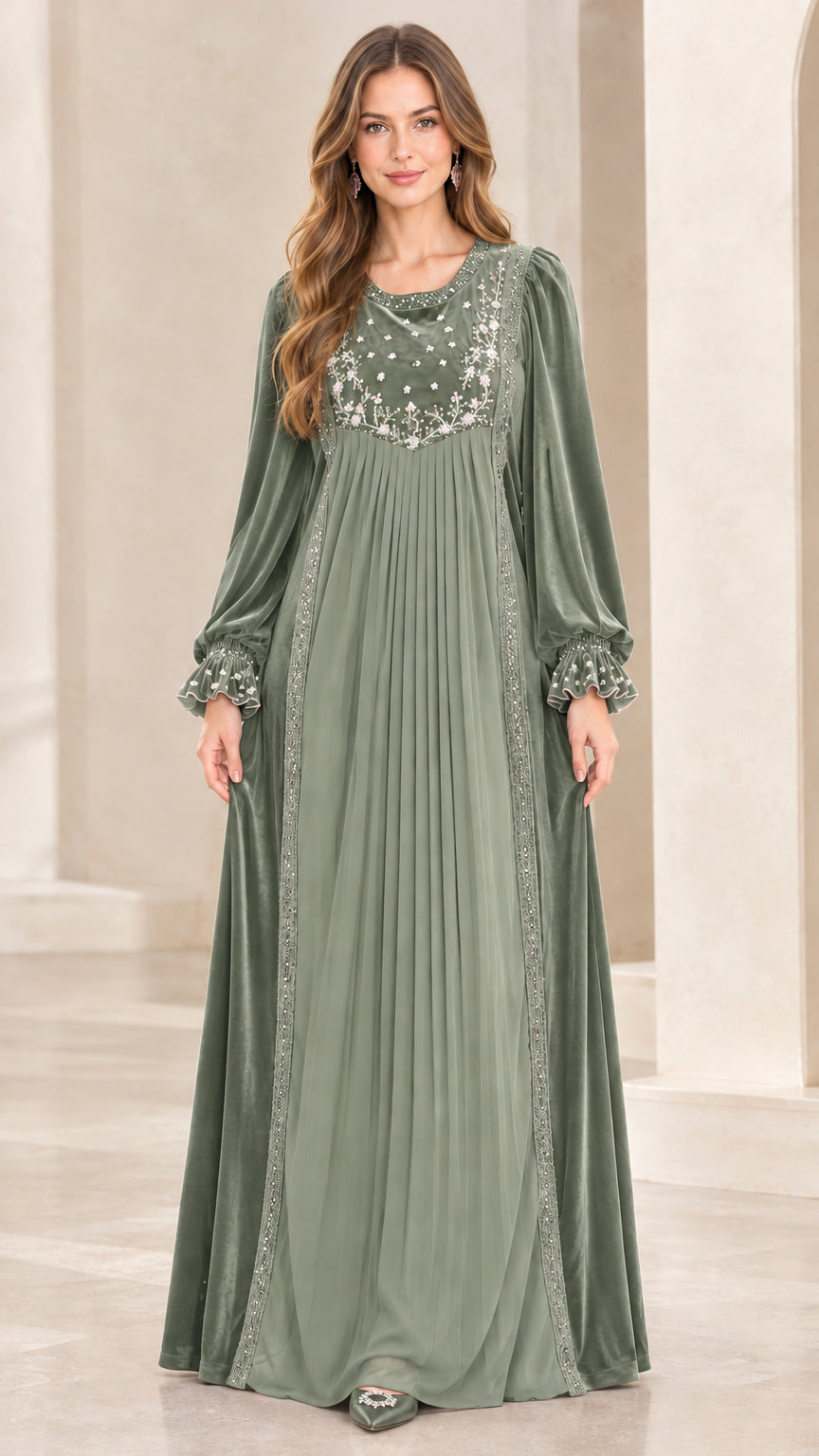 Full-length front view of woman wearing Sage Green embroidered velvet pleated maxi dress