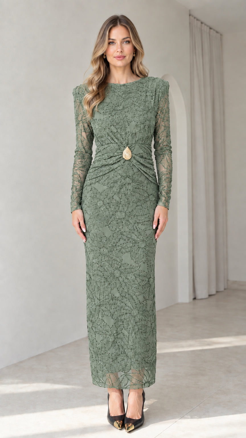 Model wearing sage green embroidered lace column evening dress