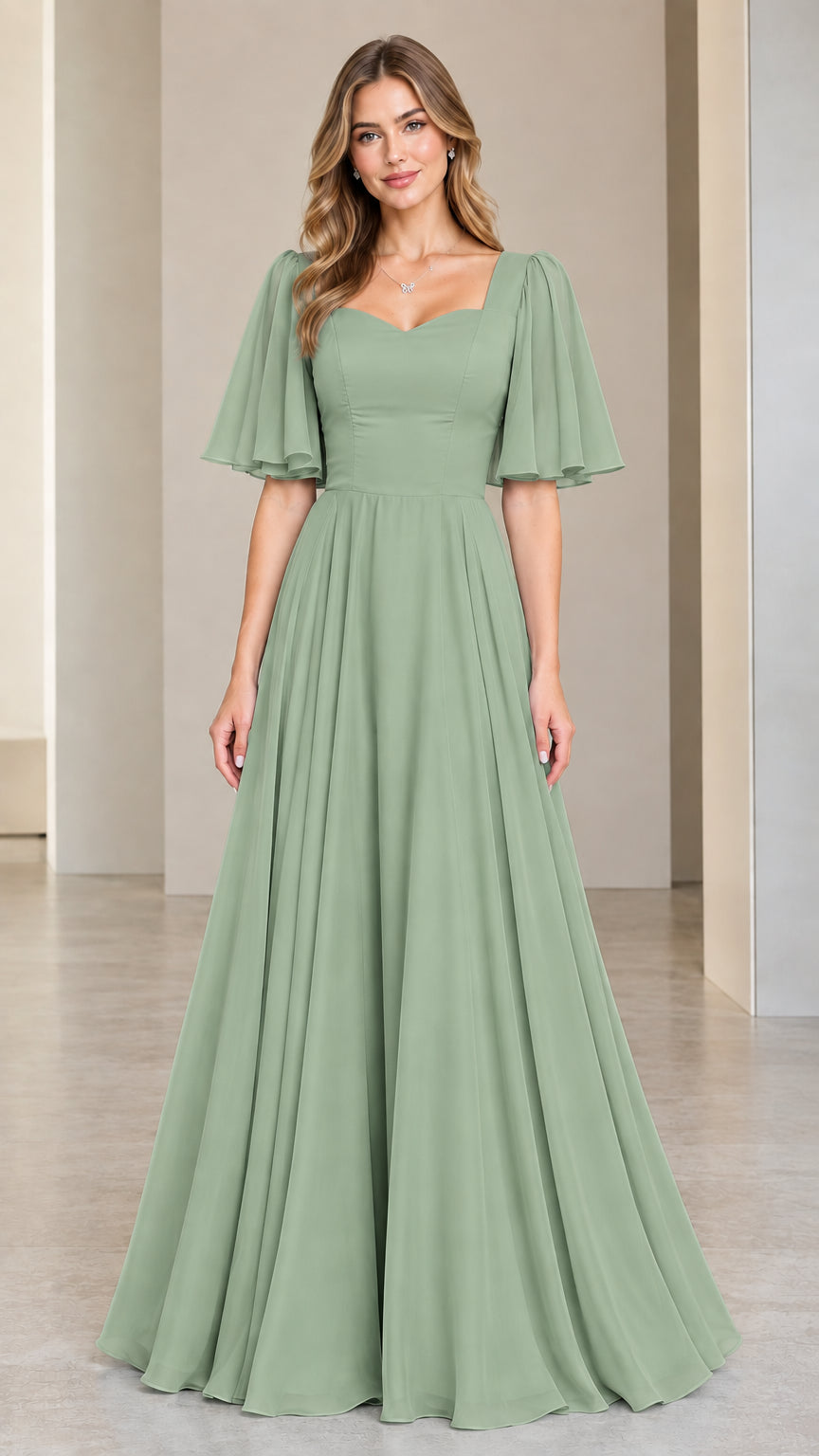 Sage Green flutter sleeve sweetheart chiffon maxi evening dress