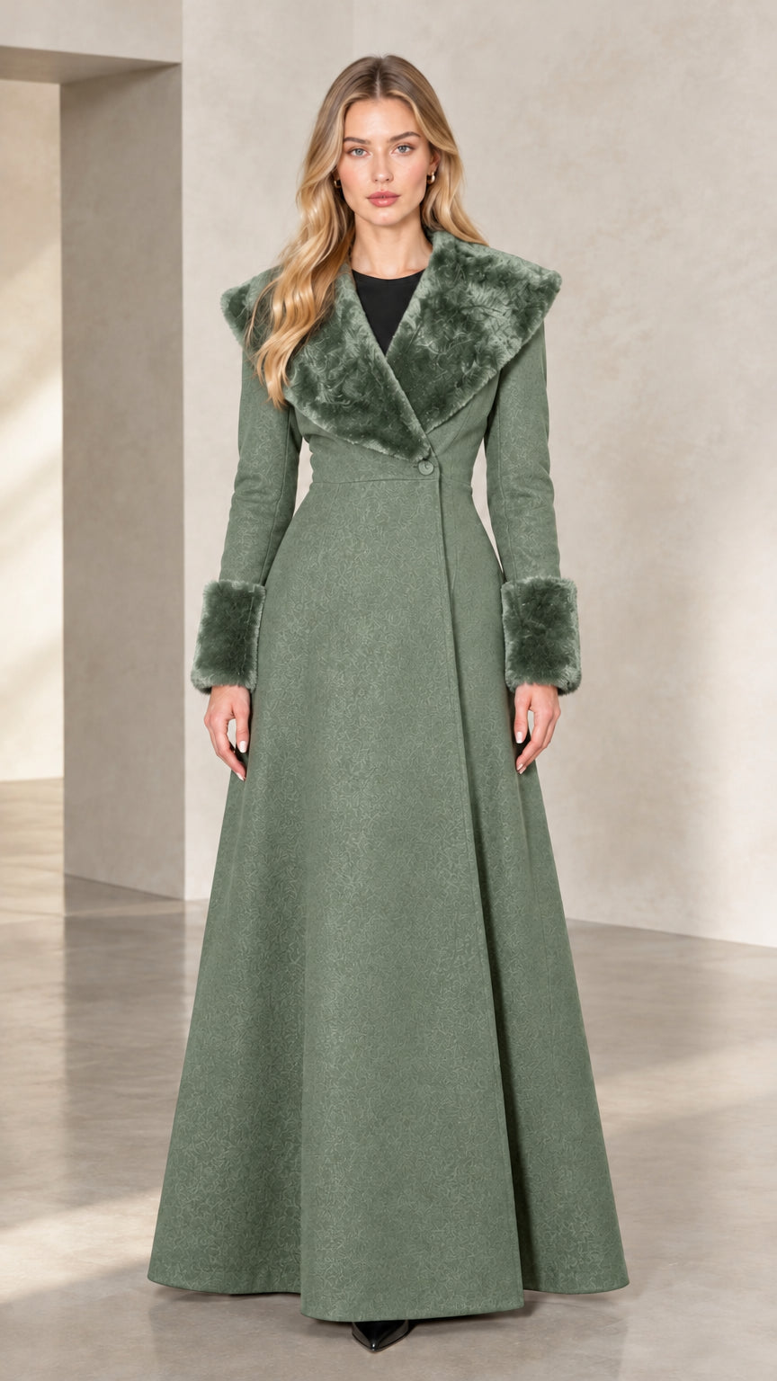 Front view of sage green maxi winter coat with tonal faux fur trim
