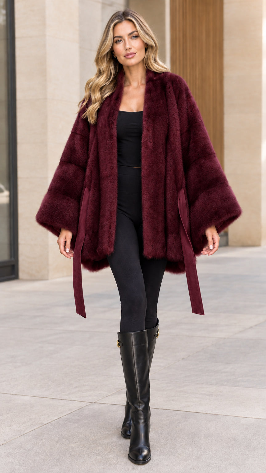 Burgundy wine red faux fur cape coat with tie waist