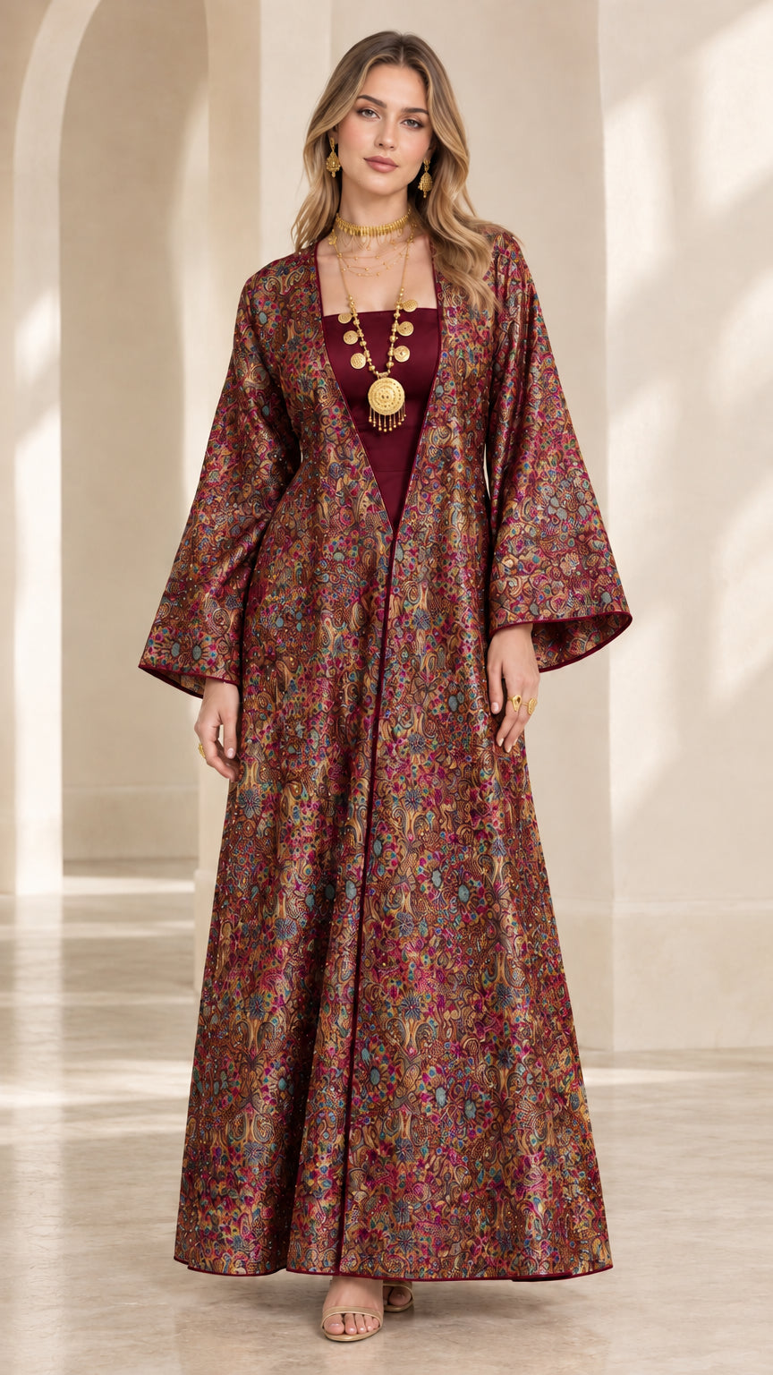 Model wearing rich burgundy floral brocade open front evening abaya