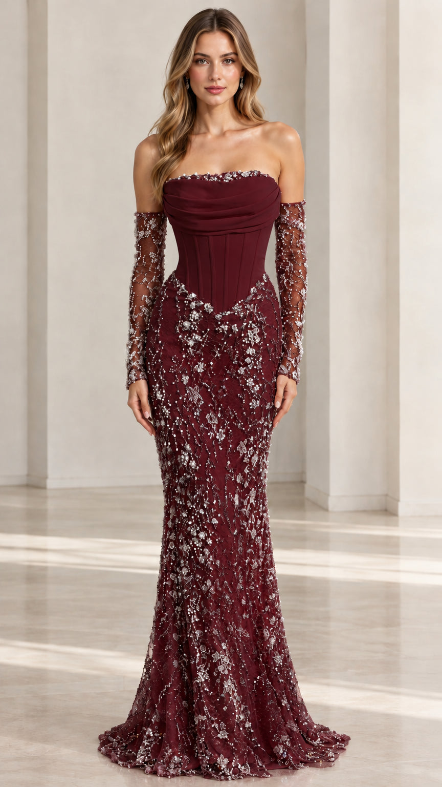 Woman wearing Burgundy red corset mermaid evening gown with embellished sleeves
