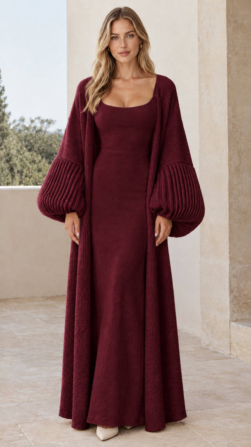 Burgundy wine red maxi dress and coordinating long knit cardigan set