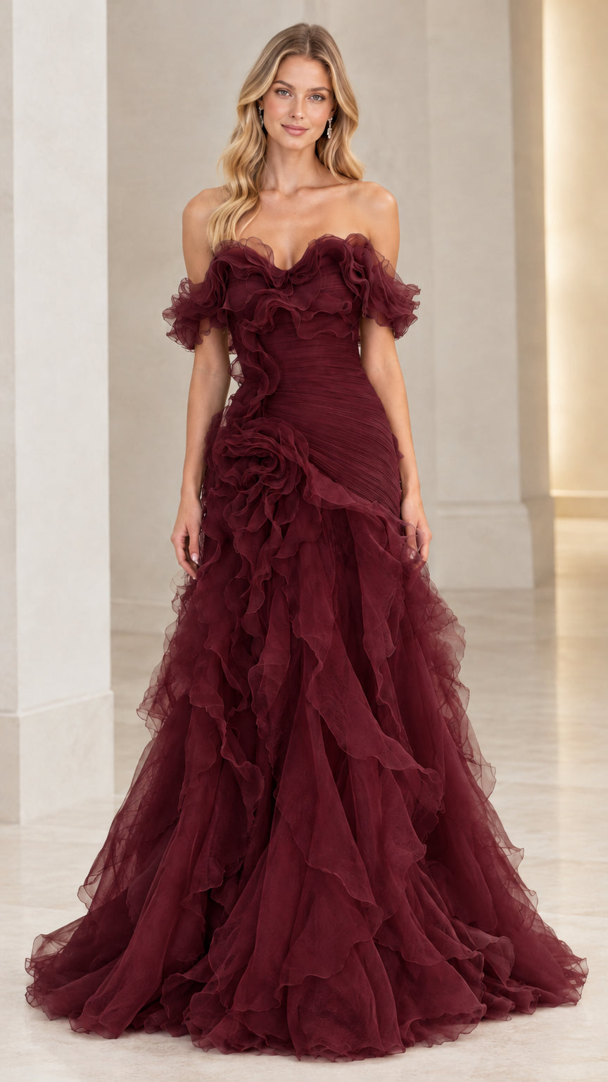 Model wearing deep burgundy red off-the-shoulder tiered ruffle evening gown