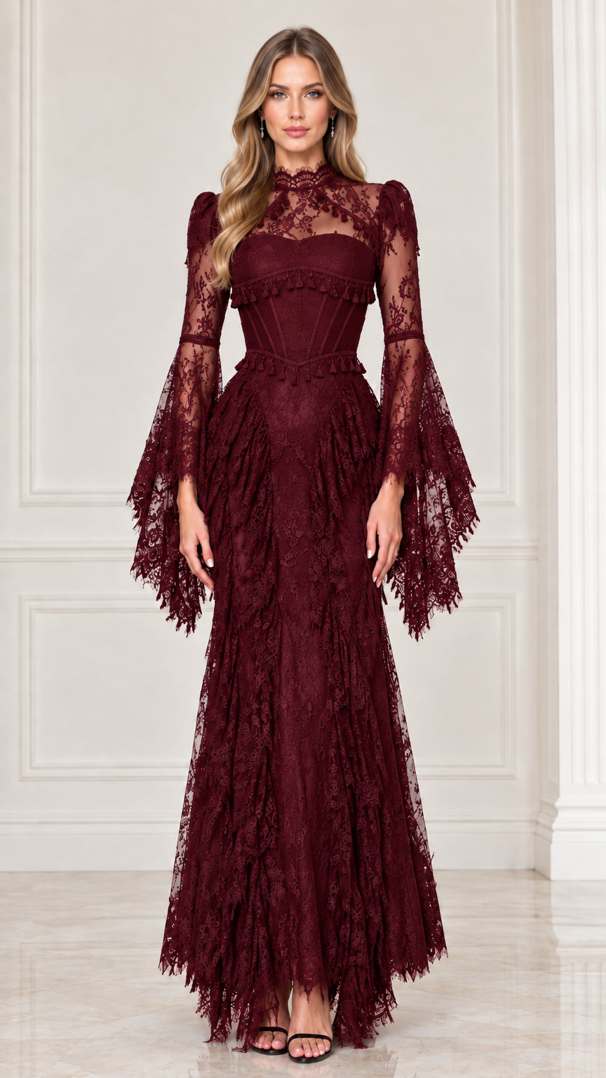 Burgundy wine lace corset maxi evening gown with tassel fringe detailing