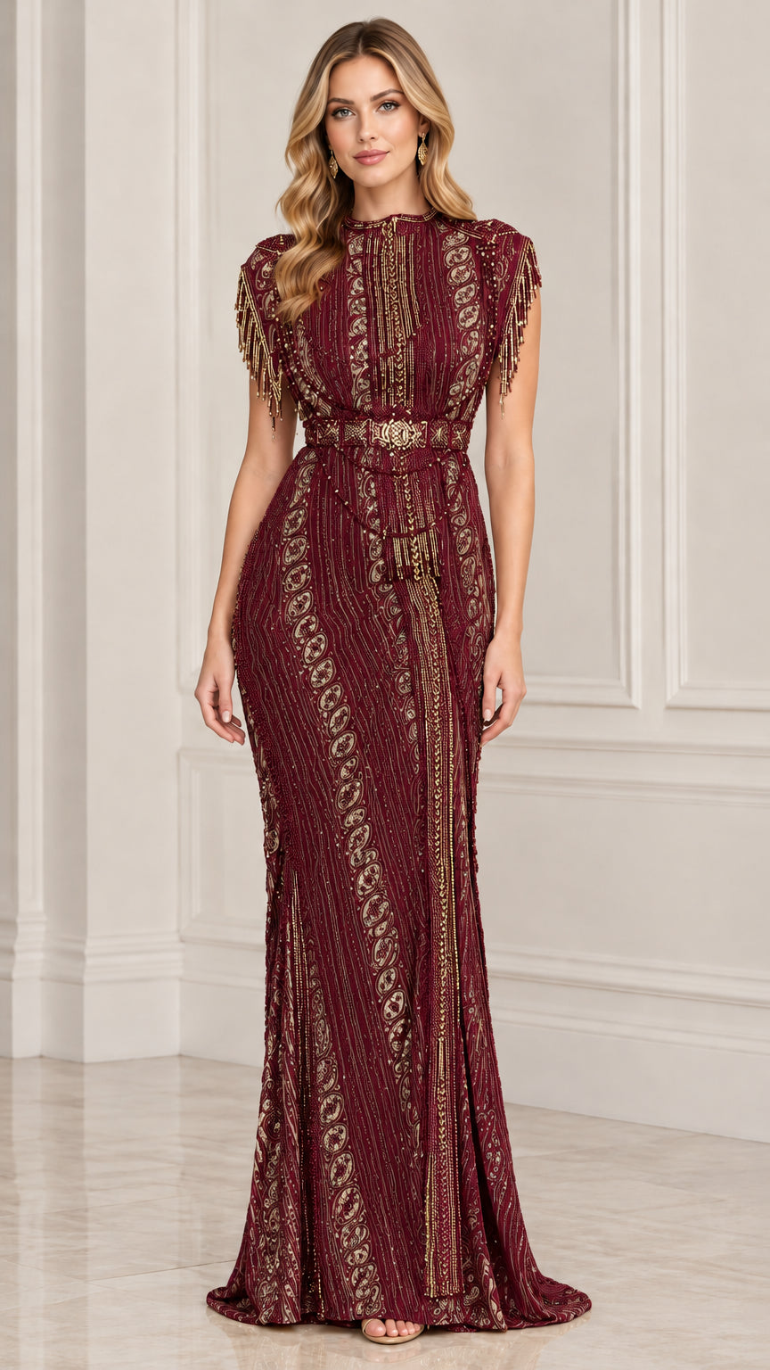 Front view of burgundy wine red beaded evening gown with fringe details