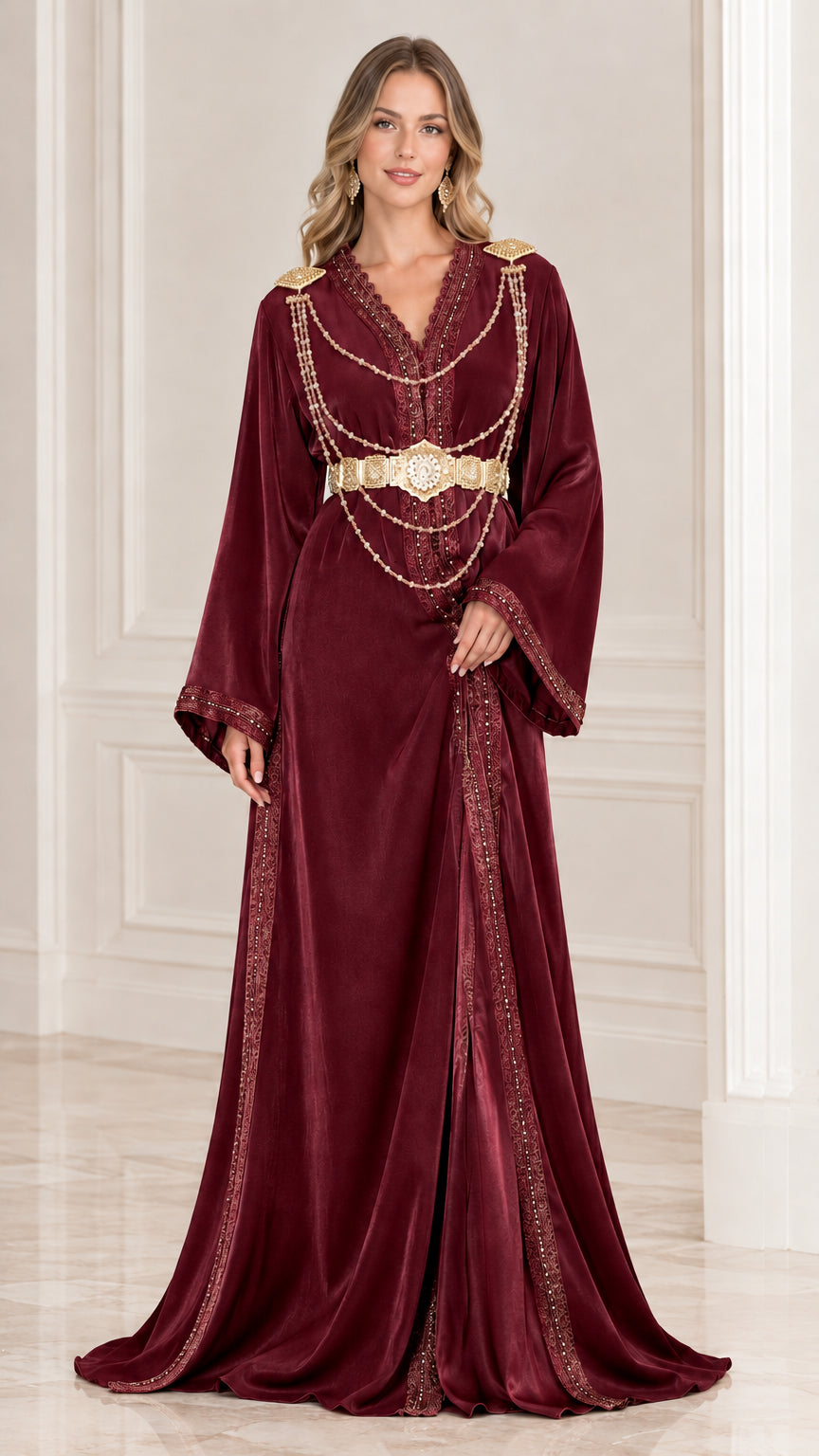 Burgundy wine red formal kaftan maxi gown with gold beaded shoulder and waist accents