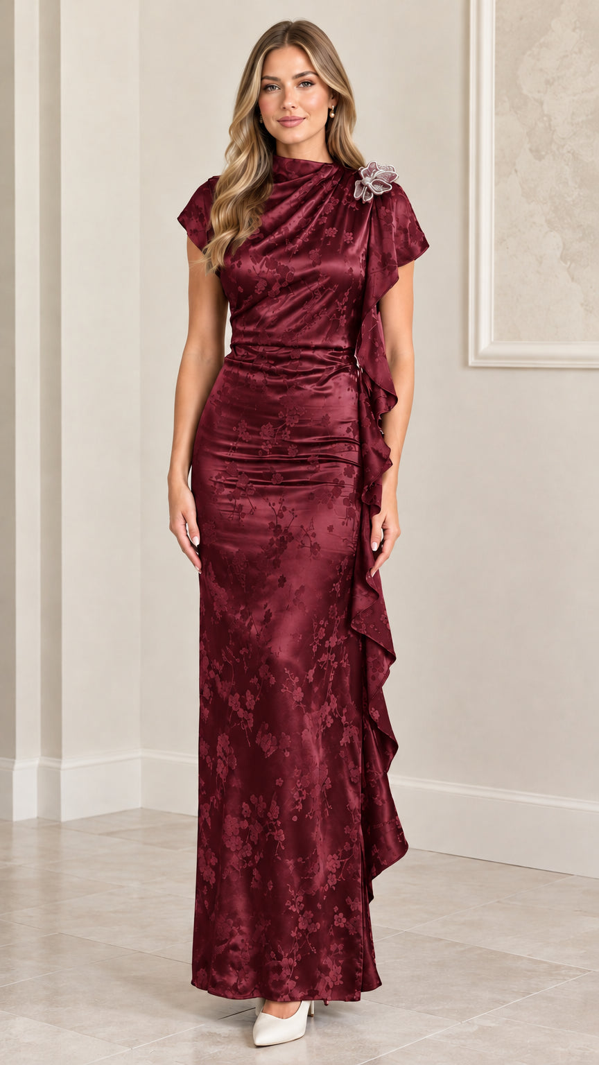Model wearing Burgundy red satin floral jacquard cap sleeve maxi dress