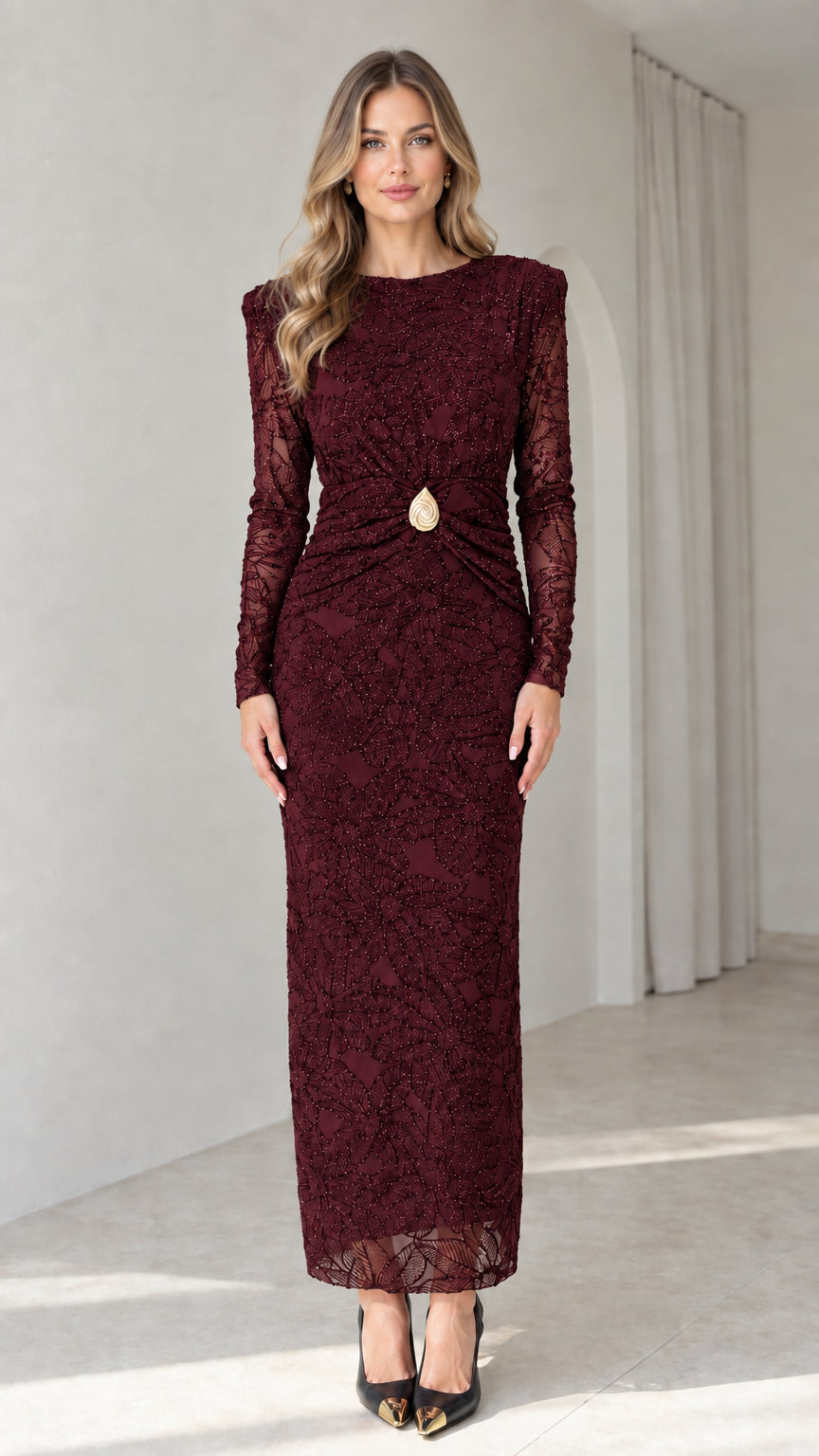 Model wearing burgundy wine red long sleeve lace formal gown