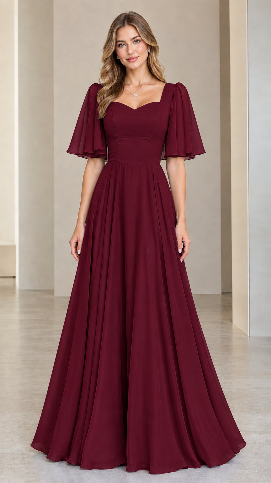 Burgundy sweetheart neckline flutter sleeve elegant evening gown