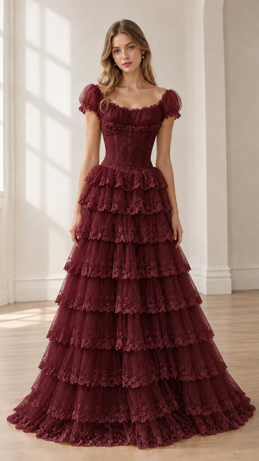 Burgundy wine red tiered lace formal gown with ruffled tiers