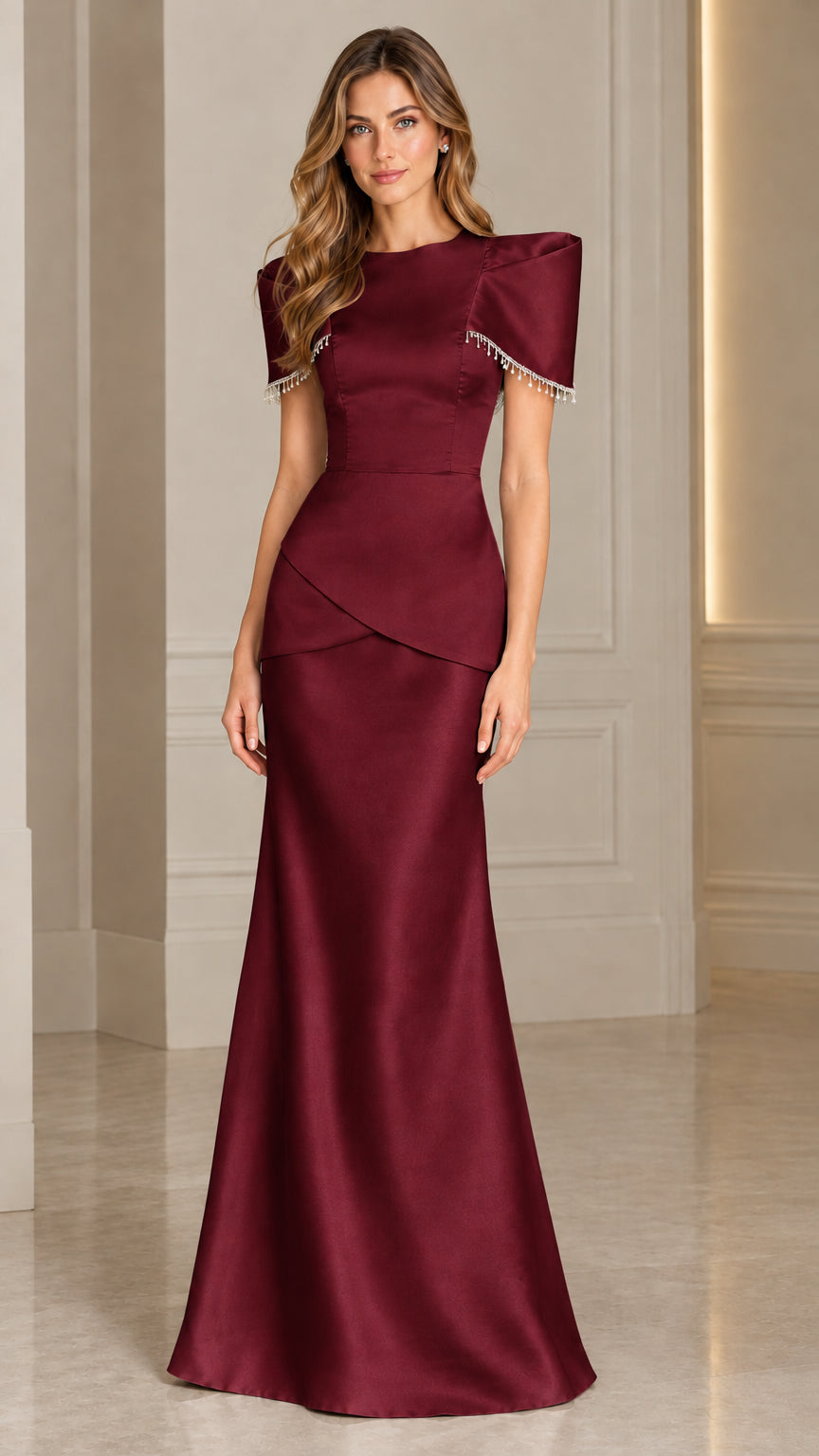 Burgundy wine red satin formal gown with jewel neckline and floor-length skirt