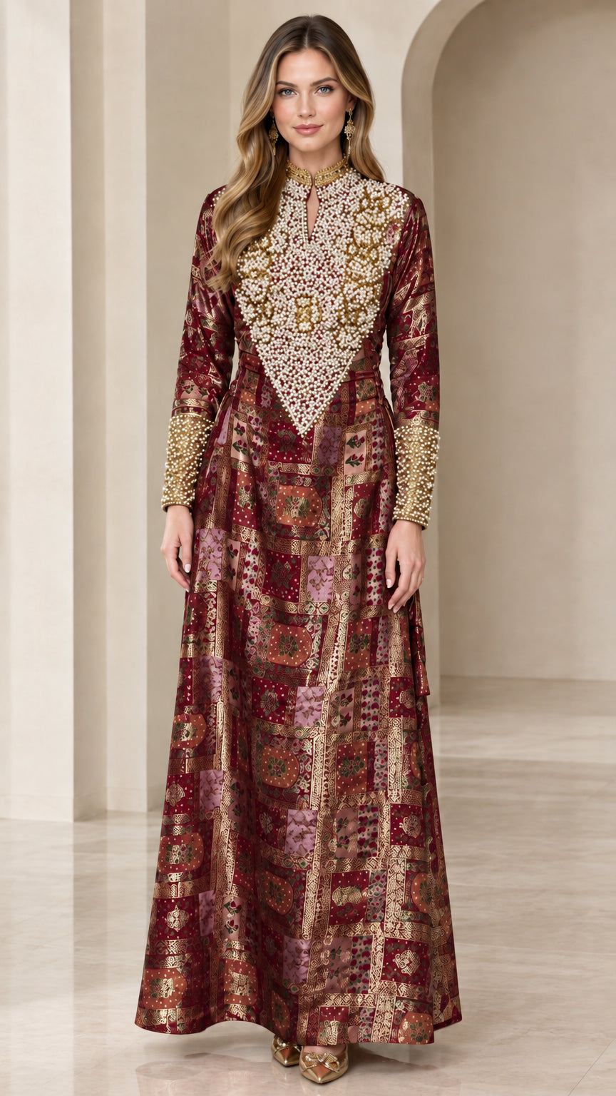 Burgundy wine jacquard embroidered formal maxi dress