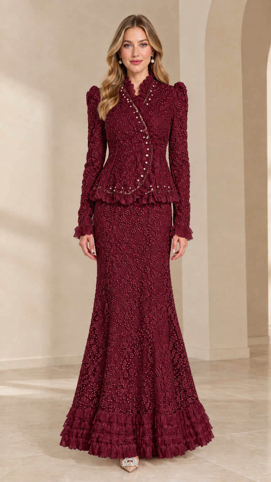 Burgundy wine red floral lace peplum jacket and maxi skirt set